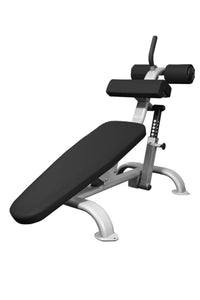 Thumbnail for Silver and black adjustable decline bench with padded seat and leg supports.