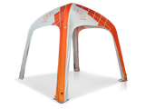 Orange and white inflatable air tent with "LOGO" text and grid pattern.