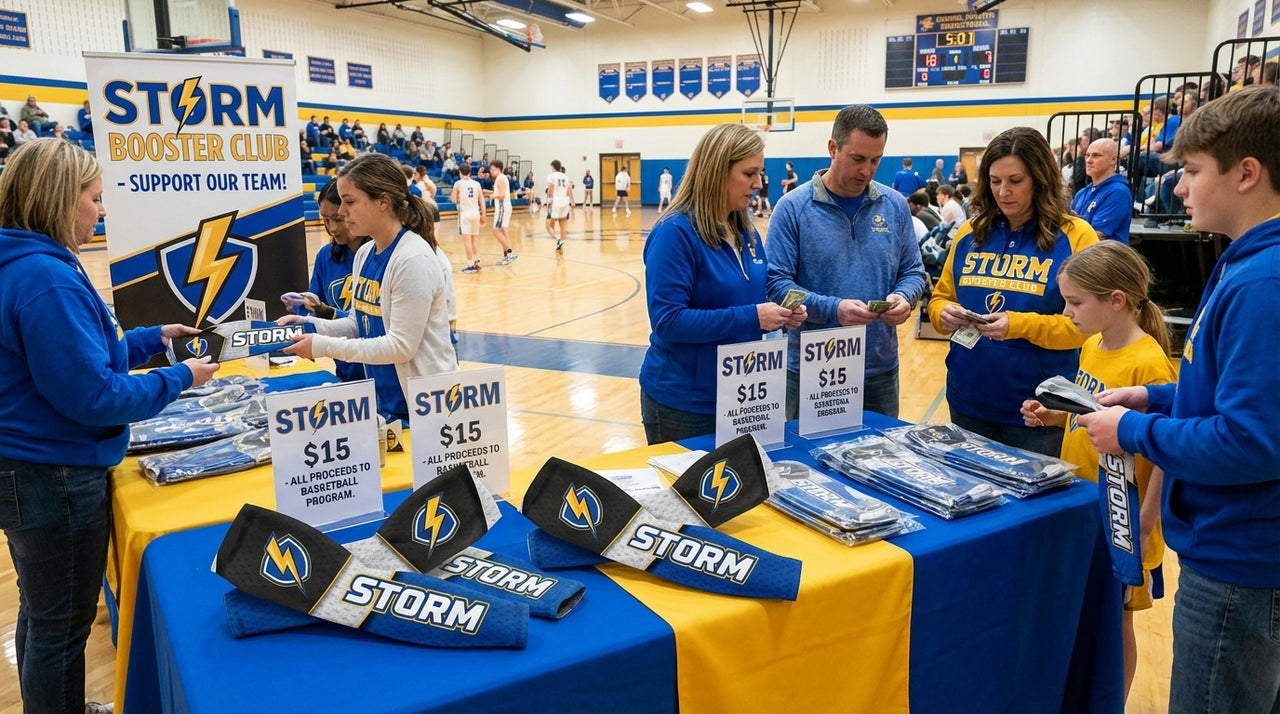Blue and gray arm sleeves with a lightning bolt logo and "STORM" text displayed on a table.