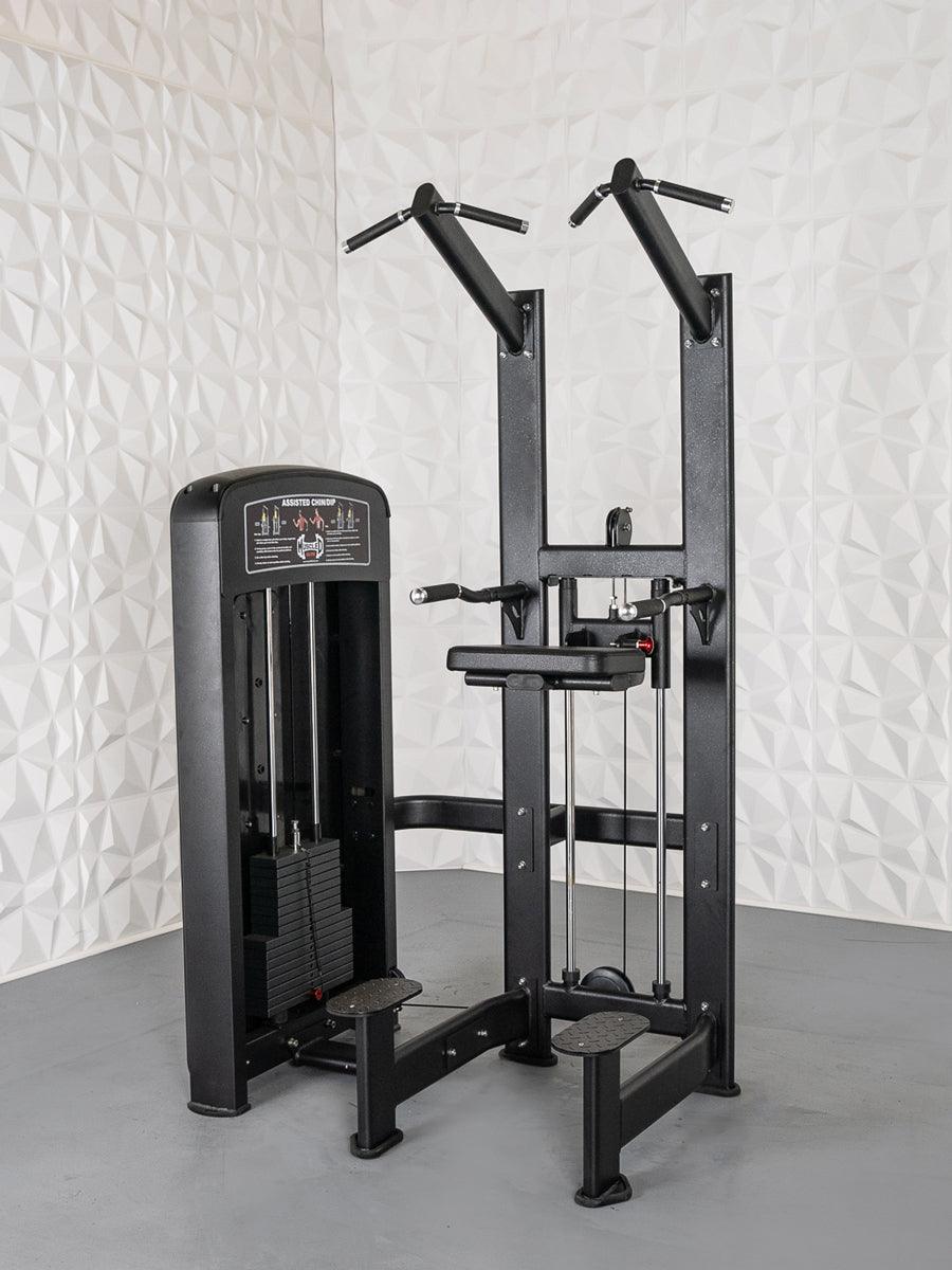 Black assisted chin/dip machine with weight stack, multiple grip handles, and foot platforms.