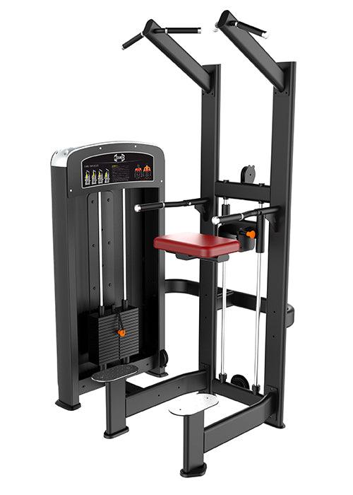 Black commercial-grade assisted chin/dip machine with a red seat and weight stack.