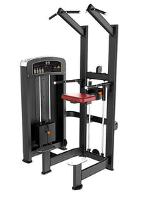 Thumbnail for Black commercial-grade assisted chin/dip machine with a red seat and weight stack.