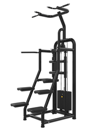 Thumbnail for Black assisted chin/dip machine with a weight stack, multiple grip handles, and foot platforms.