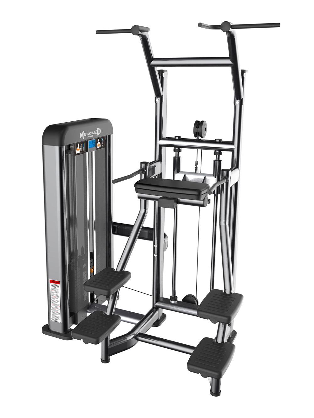 Muscle D Fitness assisted chin/dip machine with adjustable seat, pin selectorized weight stack, and foot platforms.