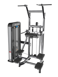 Thumbnail for Muscle D Fitness assisted chin/dip machine with adjustable seat, pin selectorized weight stack, and foot platforms.
