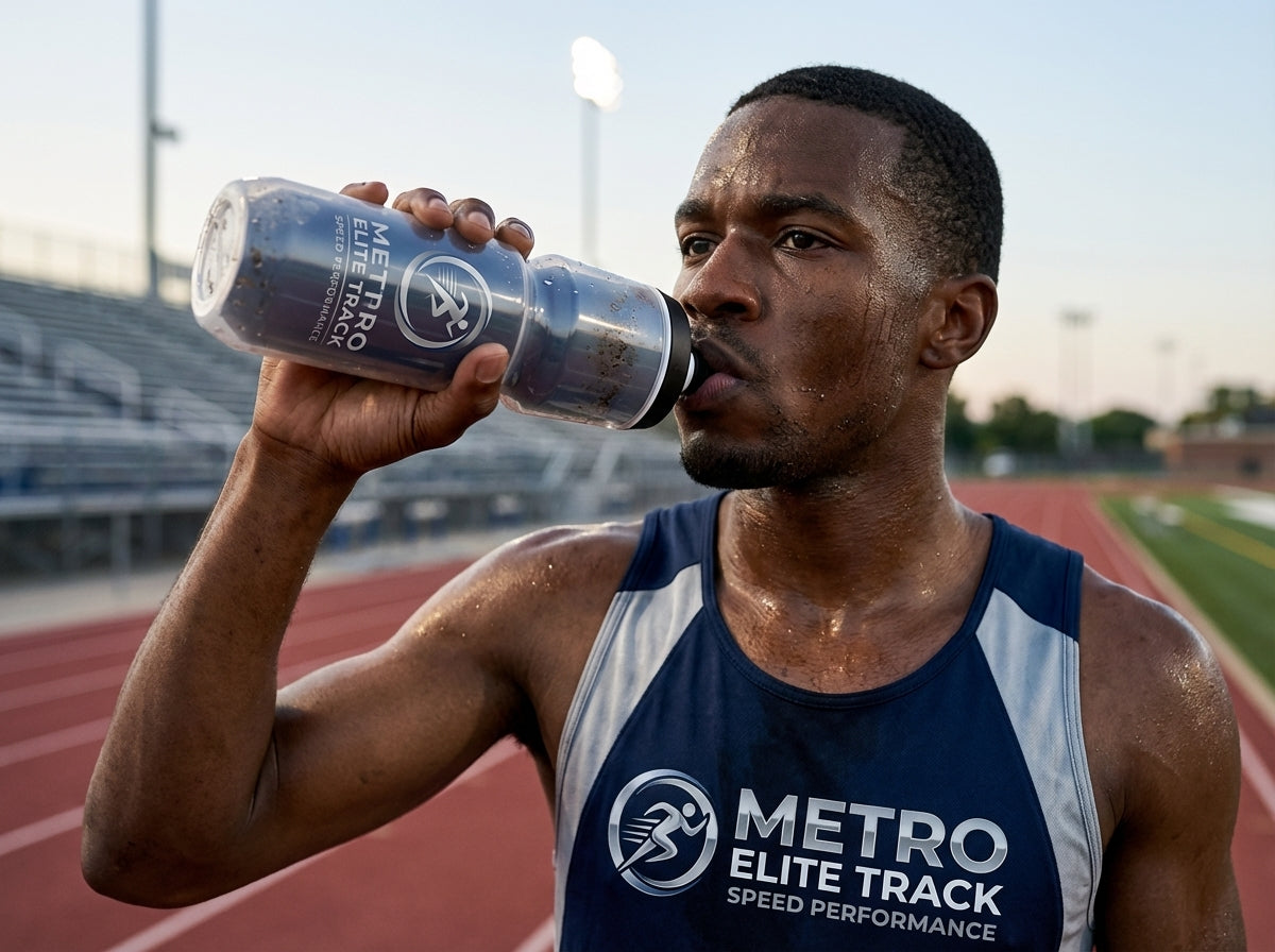 Sweaty runner drinking from a custom water bottle on a track.