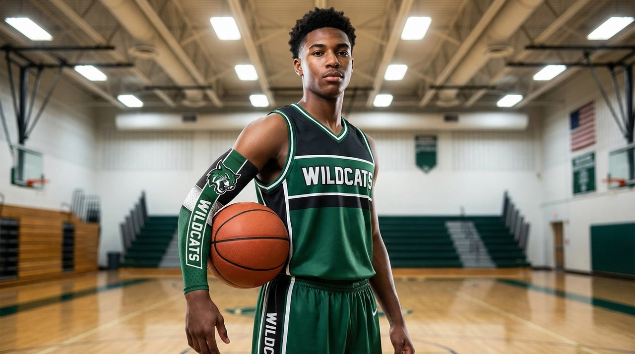 Basketball player in green uniform and custom "Wildcats" arm sleeve holding a basketball.
