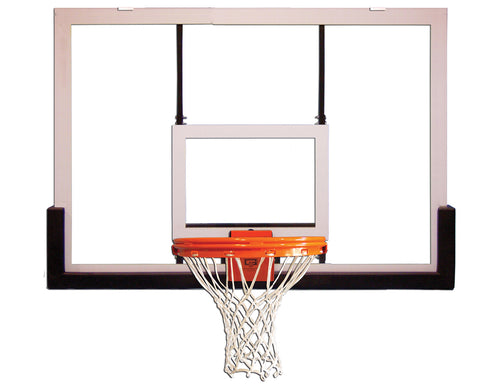 Acrylic basketball backboard with an orange rim and white net.