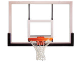Clear acrylic basketball backboard with white frame, orange rim, and white net.