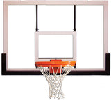 Clear glass basketball backboard with white frame, orange rim, and white net.