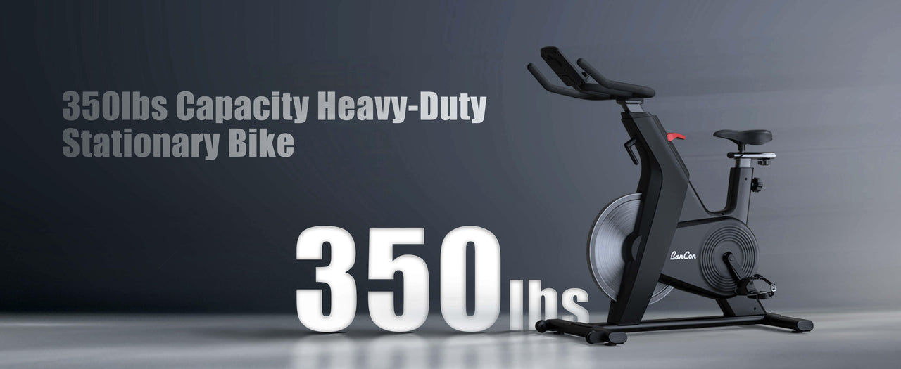 Black upright exercise bike with "350lbs Capacity Heavy-Duty Stationary Bike" text and large "350 lbs".
