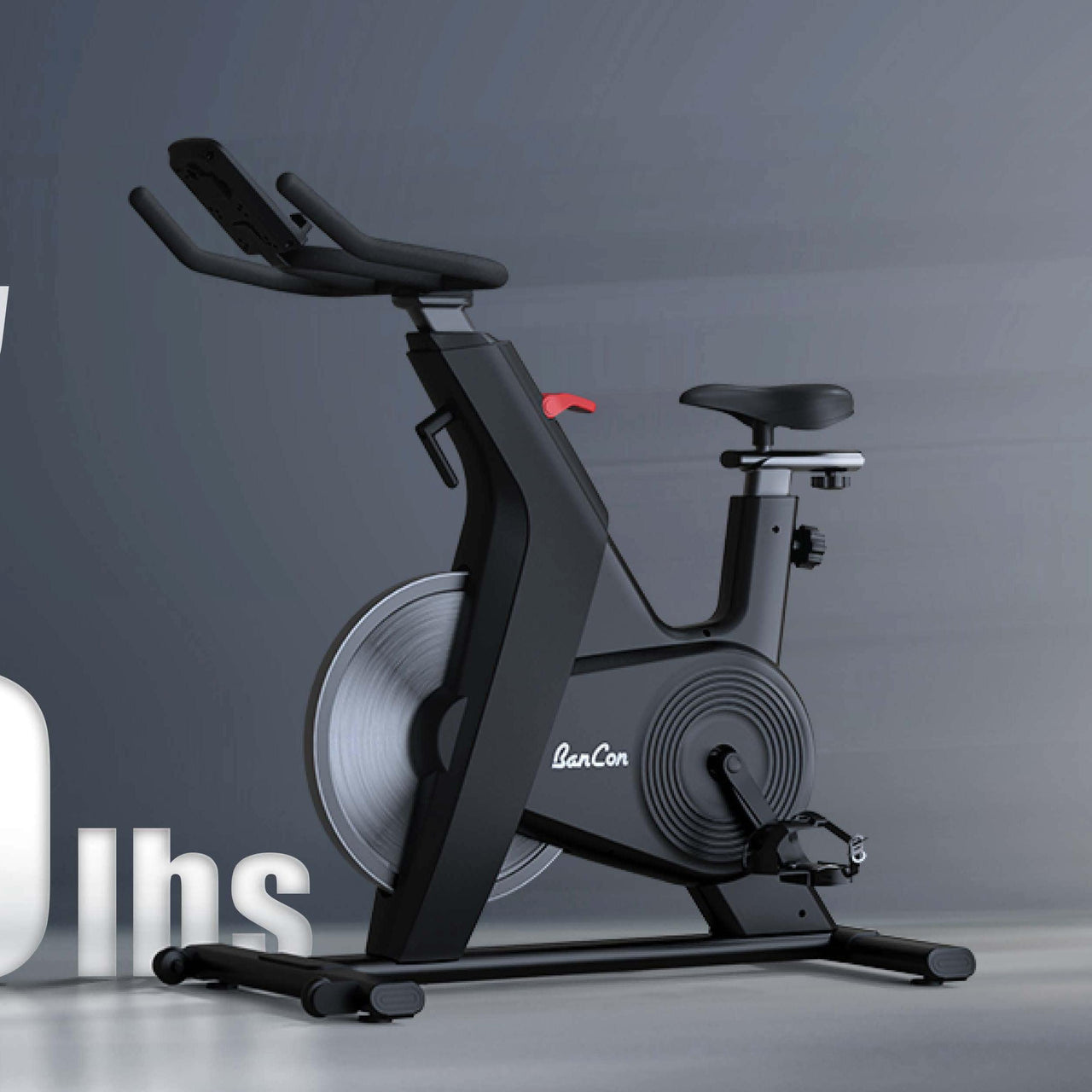 Black upright exercise bike with adjustable seat and handlebars, red tension knob, and "BanCon" logo.