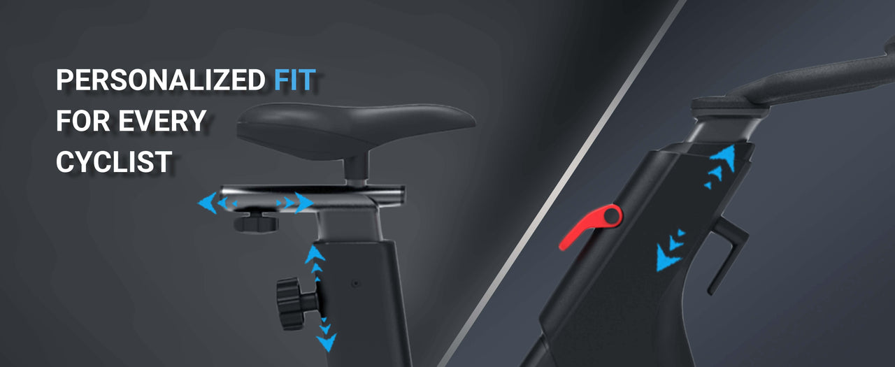 Close-up of an exercise bike's adjustable seat and handlebars with blue arrows indicating movement.