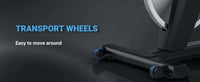 Thumbnail for Close-up of the exercise bike's base showing transport wheels and text 