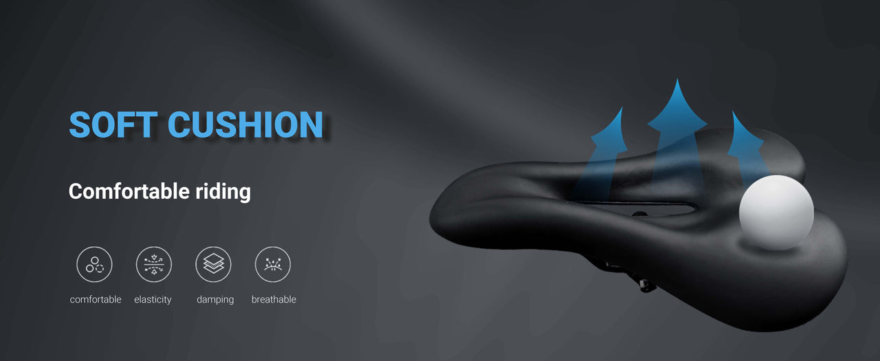 Black exercise bike seat with "Soft Cushion" and "Comfortable riding" text, showing features like elasticity and breathabi...
