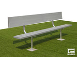 Silver metal bench with a backrest, mounted on green artificial turf.