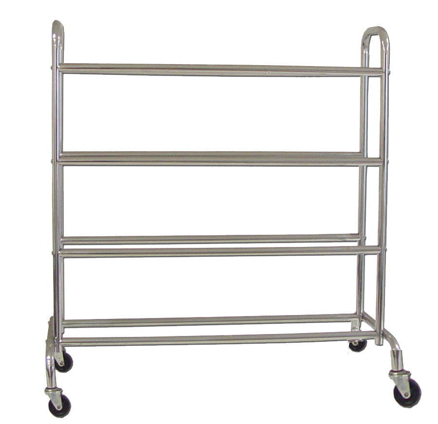 Silver 3-tier rolling rack with horizontal bars and rounded top handles, on a white background.