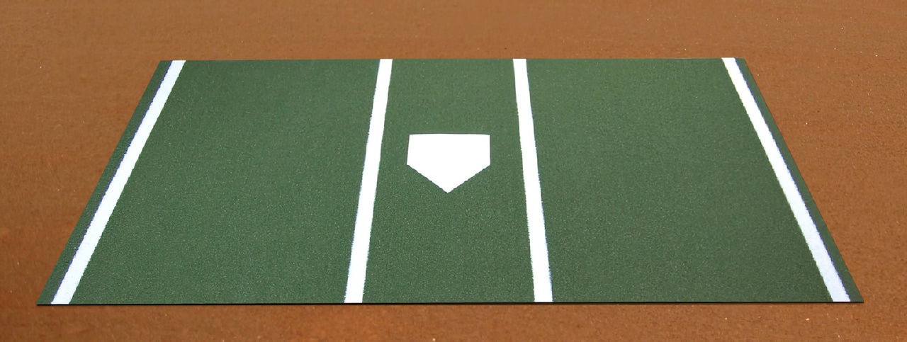 Green turf home plate mat with white batter's box lines and a white home plate on a clay infield