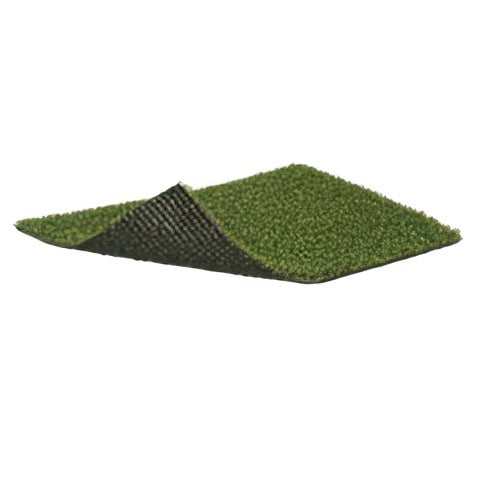Green batting cage turf with one corner curled back to show the black backing, on a white background