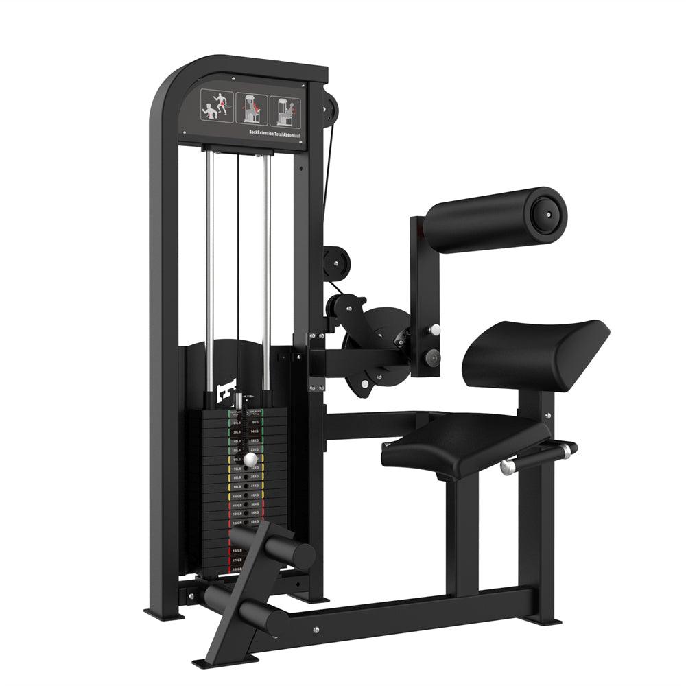 Black commercial back extension and ab crunch combo machine with weight stack and adjustable seat.