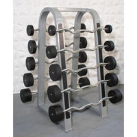 Thumbnail for Rack with straight and curl barbells, black urethane weights, silver bars, against a white textured wall.