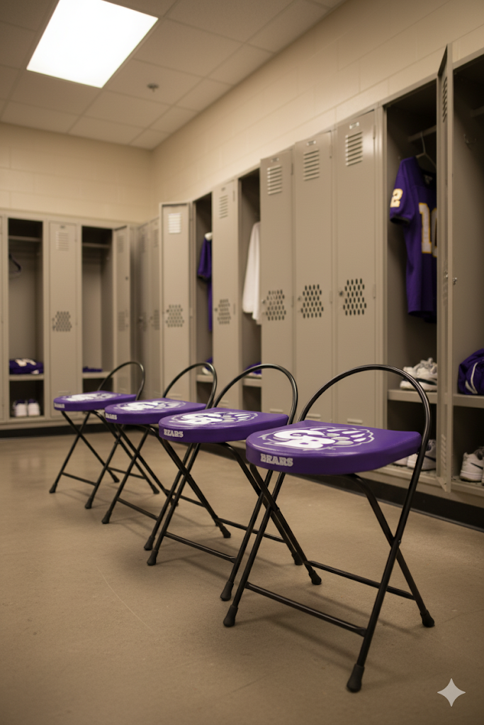 Four purple folding stools with "BEARS" and paw print logo in a locker room with open lockers.