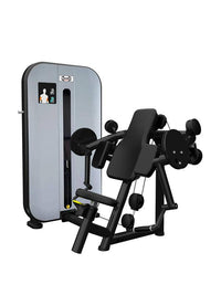 Thumbnail for Black and gray pin selectorized arm curl machine with padded seat and armrests on a white background.