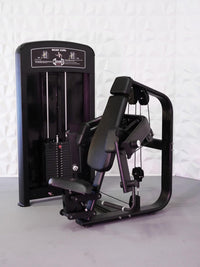 Thumbnail for Black commercial-grade biceps curl machine with adjustable seat and pin-selectorized weight stack.
