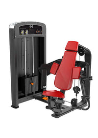 Thumbnail for Black and red selectorized biceps curl machine with adjustable seat and weight stack.