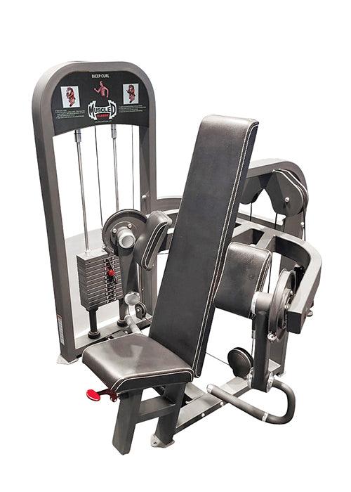 Gray selectorized biceps curl machine with black padded seat and backrest, weight stack, and exercise diagram.