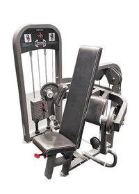 Thumbnail for Gray selectorized biceps curl machine with black padded seat and backrest, weight stack, and exercise diagram.