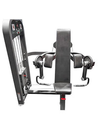 Thumbnail for Gray biceps curl machine with black padded seat, backrest, and arm pads, and a weight stack.