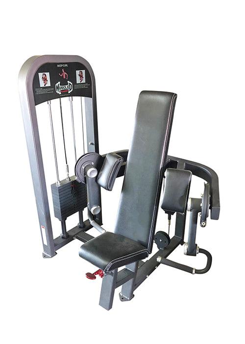Gray and black biceps curl machine with an adjustable seat and pin selectorized weight stack.