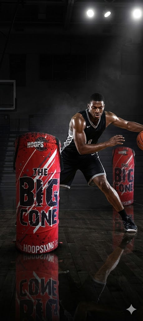 Basketball player dribbling past two red "The Big Cone" pop-up defender cones on a court.