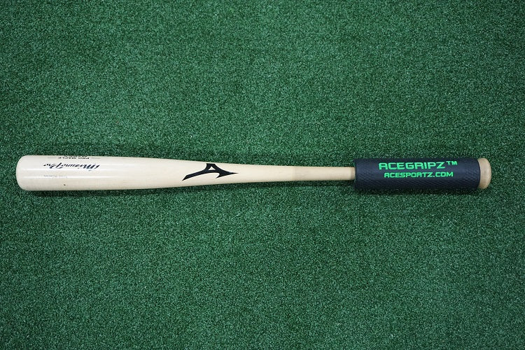 Black ACEGRIPZ wood bat grip fitted on a wood bat handle