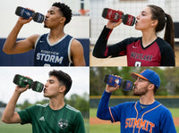 Thumbnail for Four athletes in different sports uniforms drinking from custom water bottles.