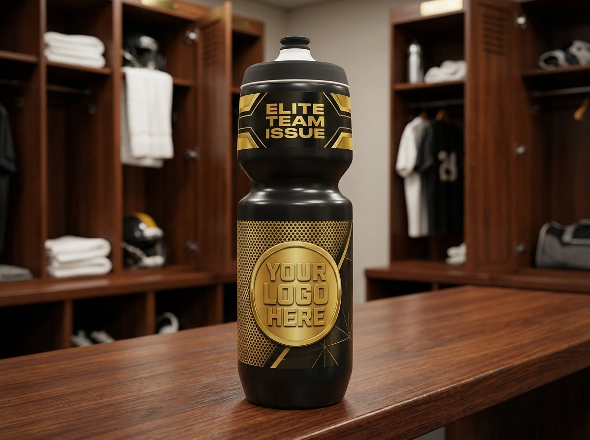 Black water bottle with gold "YOUR LOGO HERE" label on a wooden bench in a locker room.