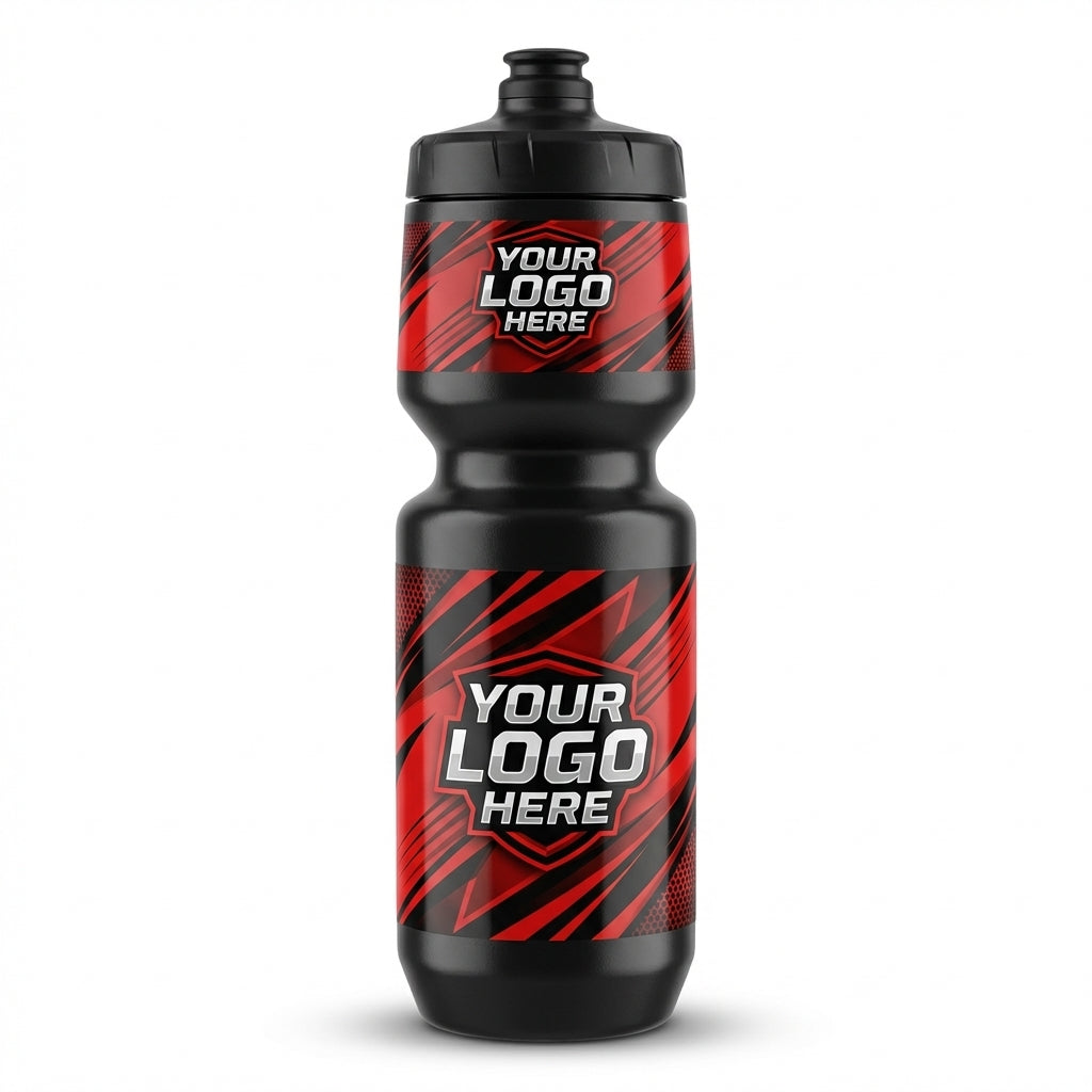 Black water bottle with red and black striped custom logo area.