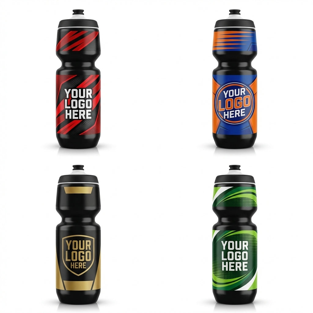 Four custom water bottles in black with red, blue/orange, gold, and green designs, each with "YOUR LOGO HERE".