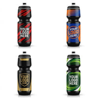 Thumbnail for Four custom water bottles in black with red, blue/orange, gold, and green designs, each with 