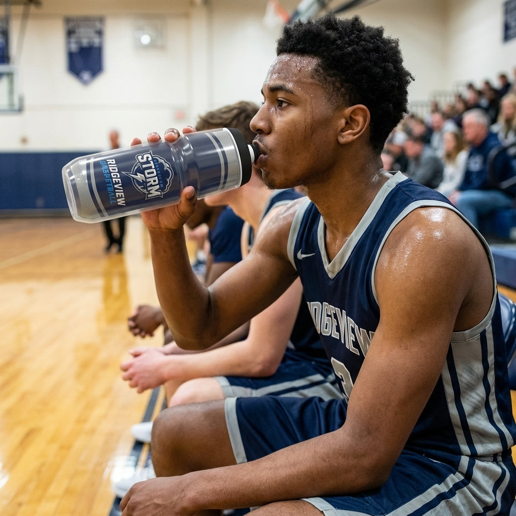 Basketball player in uniform drinking from a custom water bottle with "Storm Ridgeview" logo.