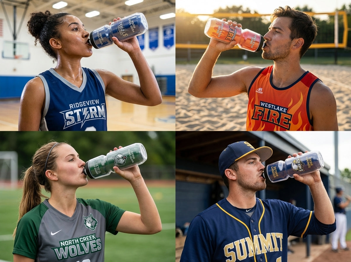Four athletes drinking from custom Chromatek water bottles in different colors and settings.