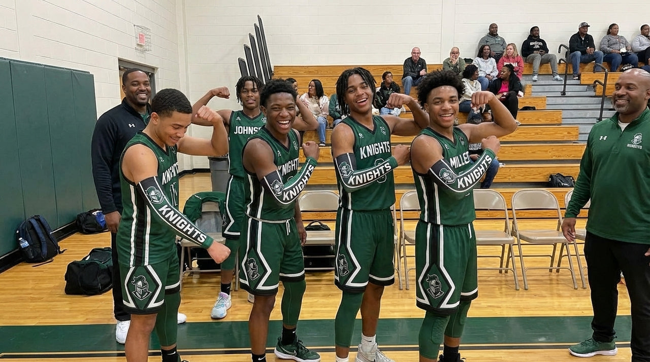 Basketball players in green uniforms flexing, wearing black arm sleeves with "KNIGHTS" and a logo.