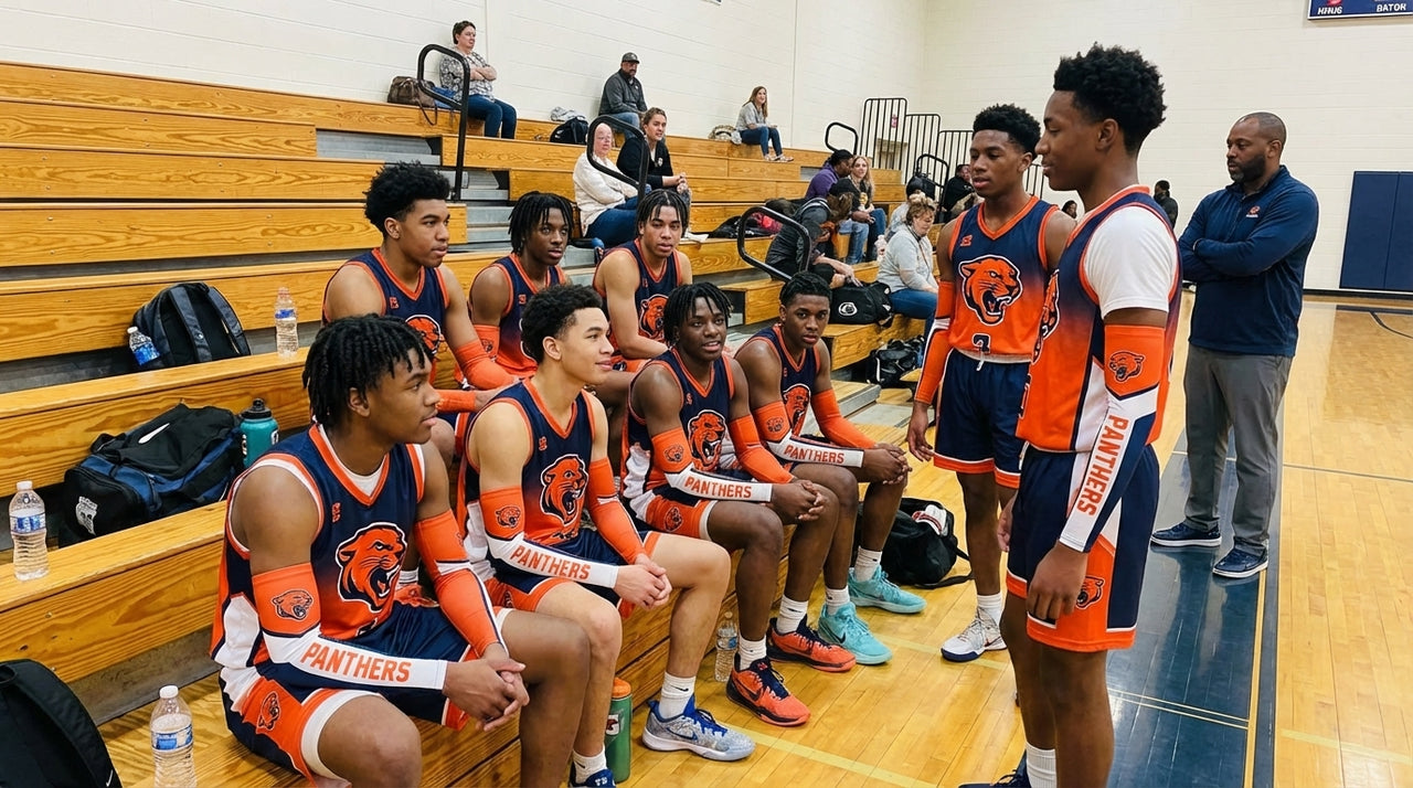 Basketball players wearing custom orange and navy arm sleeves with a panther logo.