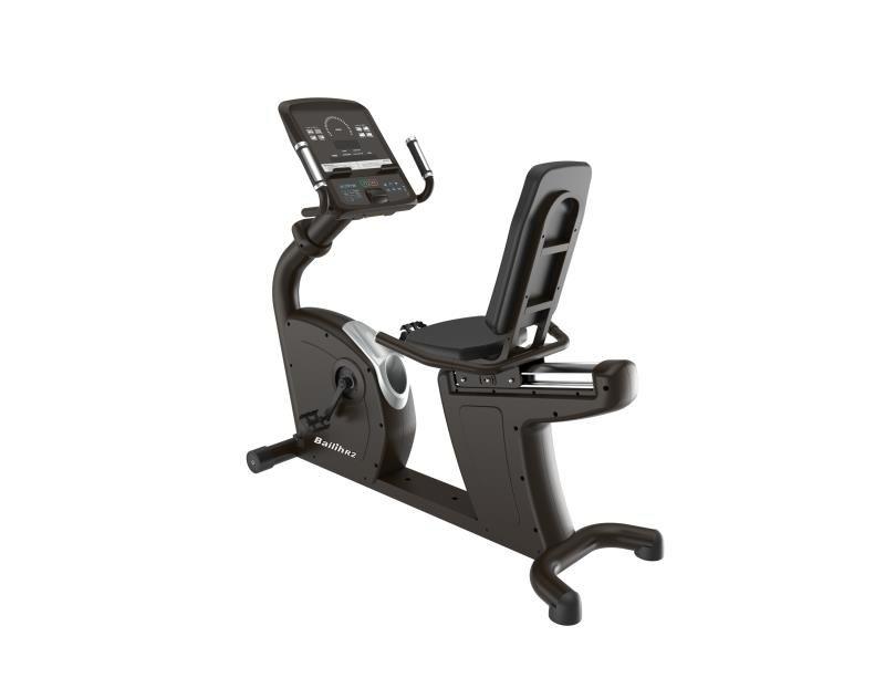 Black commercial recumbent bike with an LED screen and a padded seat.