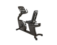 Thumbnail for Black commercial recumbent bike with an LED screen and a padded seat.