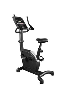Thumbnail for Black upright exercise bike with an LED screen, adjustable seat, and foot pedals with straps.