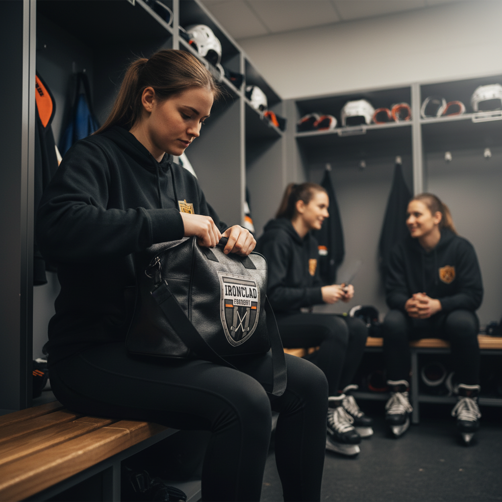 Custom hockey puck bag on locker room bench with team gear