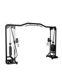 Thumbnail for Black cable crossover machine with weight stacks, pulleys, and a pull-up bar.