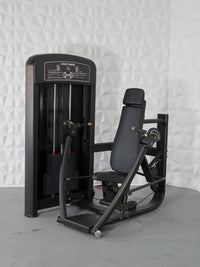 Thumbnail for Black commercial chest press machine with adjustable seat and pin-selectorized weight stack.